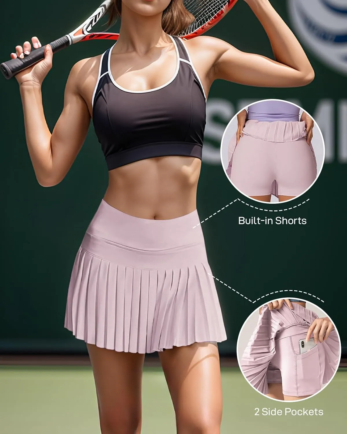 Athletic Pleated Tennis Skirt for Women Flowy A-Line Golf Skort with Shorts Pockets High Waist Workout Sport Skirt