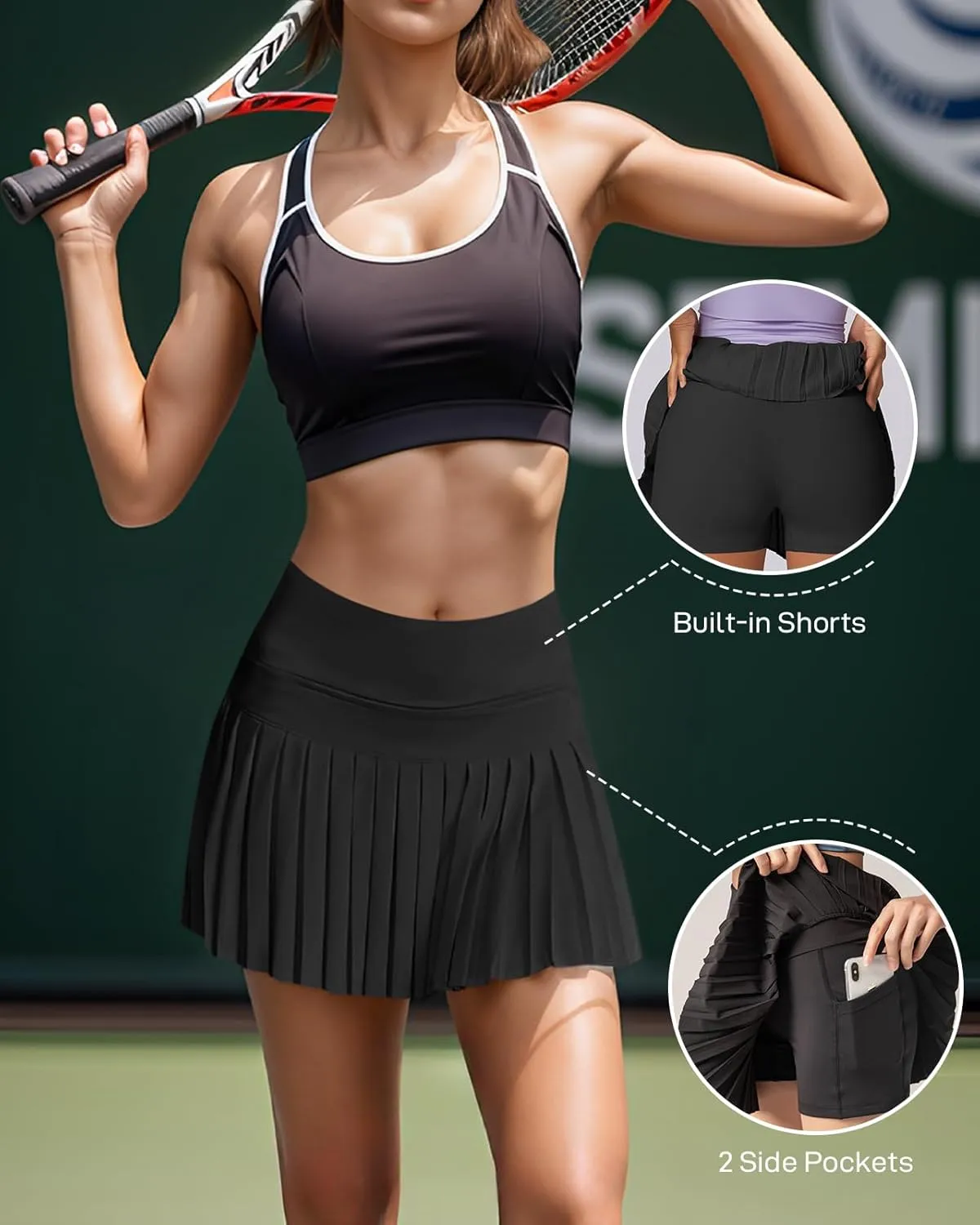 Athletic Pleated Tennis Skirt for Women Flowy A-Line Golf Skort with Shorts Pockets High Waist Workout Sport Skirt