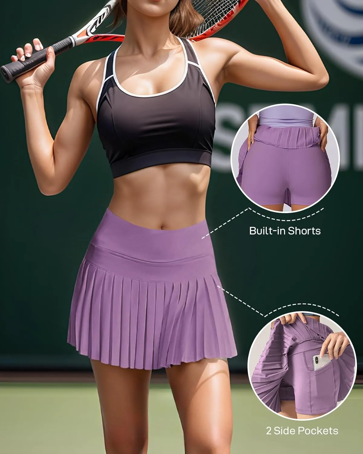 Athletic Pleated Tennis Skirt for Women Flowy A-Line Golf Skort with Shorts Pockets High Waist Workout Sport Skirt
