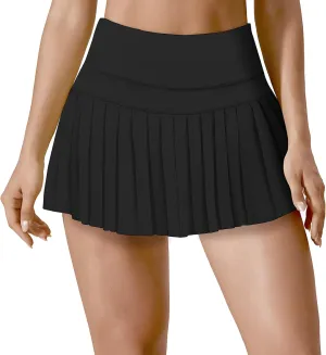 Athletic Pleated Tennis Skirt for Women Flowy A-Line Golf Skort with Shorts Pockets High Waist Workout Sport Skirt