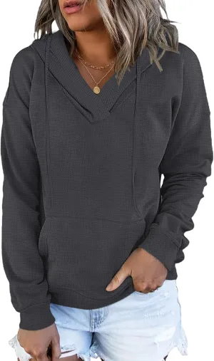 AUSELILY Womens Waffle Hoodies Ladies 2024 Sweatshirt Fall Long Sleeve Loose Side Slits Stacked V Neck Tops With Pockets