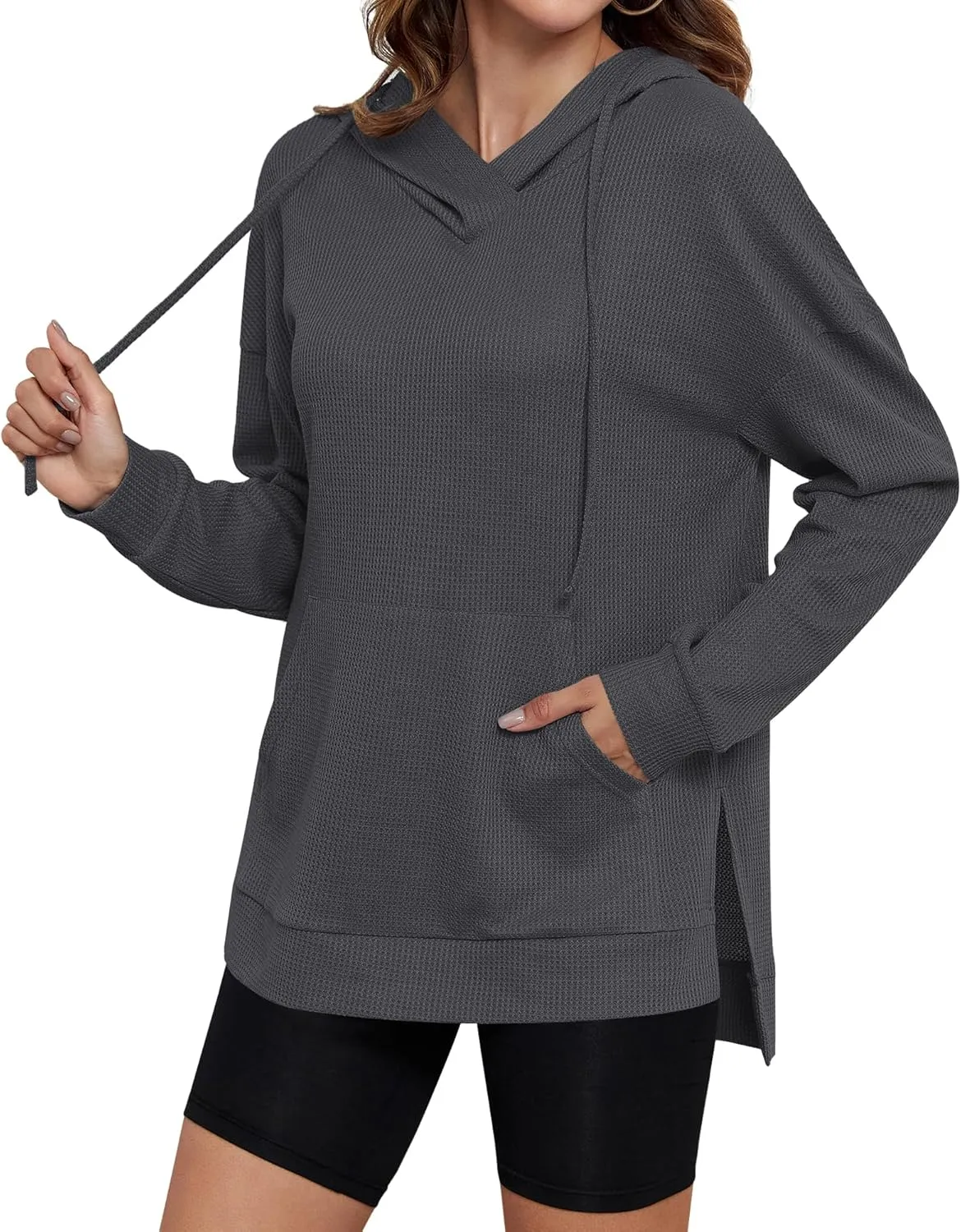 AUSELILY Womens Waffle Hoodies Ladies 2024 Sweatshirt Fall Long Sleeve Loose Side Slits Stacked V Neck Tops With Pockets
