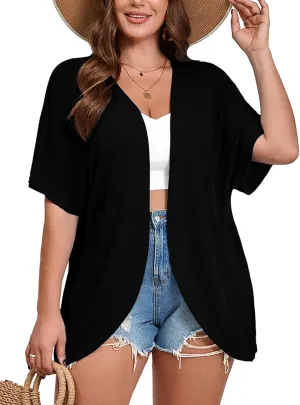AusLook Women's Plus Size Short Sleeve Lightweight Open Front Cardigan Black 4X Cover Ups Shrugs Shawls and Wraps Kimono Jacket Coat