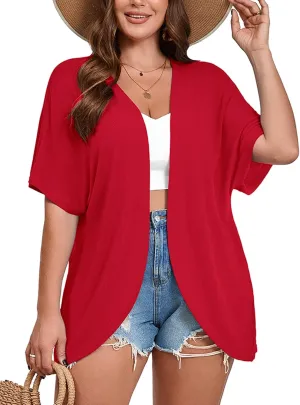 AusLook Women's Plus Size Short Sleeve Lightweight Open Front Cardigan Red 3X Cover Ups Shrugs Shawls and Wraps Kimono Jacket Coat