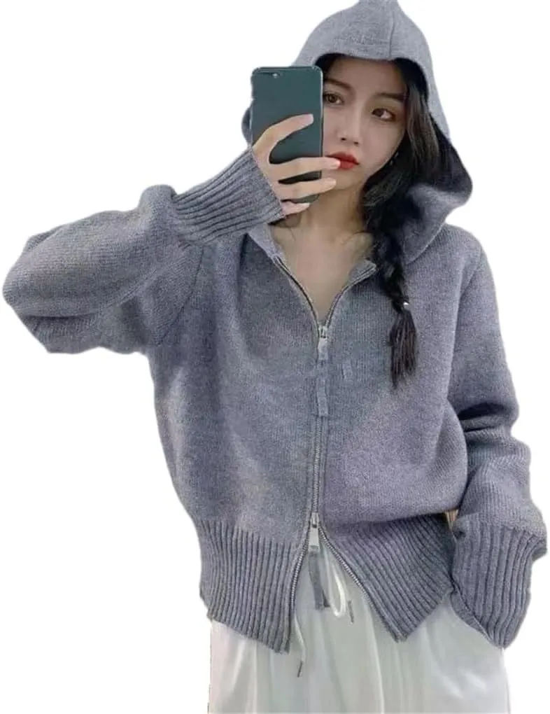 Autumn and Winter Casual Double Zipper Hooded Knitted Sweater Cardigan Long-Sleeved Solid Color Blouse Women