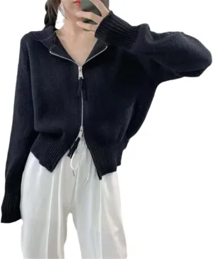 Autumn and Winter Casual Double Zipper Hooded Knitted Sweater Cardigan Long-Sleeved Solid Color Blouse Women
