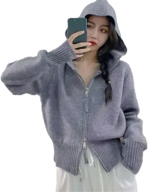 Autumn and Winter Casual Double Zipper Hooded Knitted Sweater Cardigan Long-Sleeved Solid Color Blouse Women