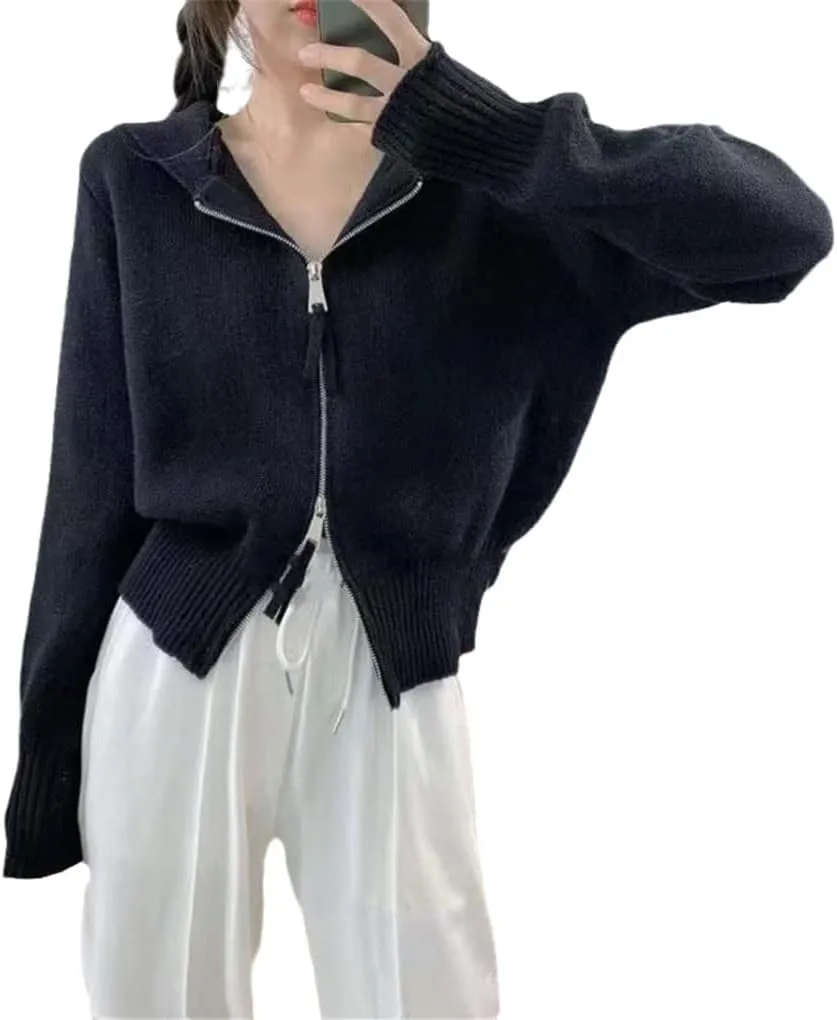 Autumn and Winter Casual Double Zipper Hooded Knitted Sweater Cardigan Long-Sleeved Solid Color Blouse Women