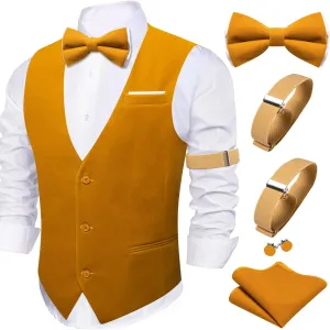 Barry.Wang Men's Velvet Vests Formal Waistcoat Bowtie Set Hanky Cufflink Armband Wedding Party Tuxedo Vest 6PCS