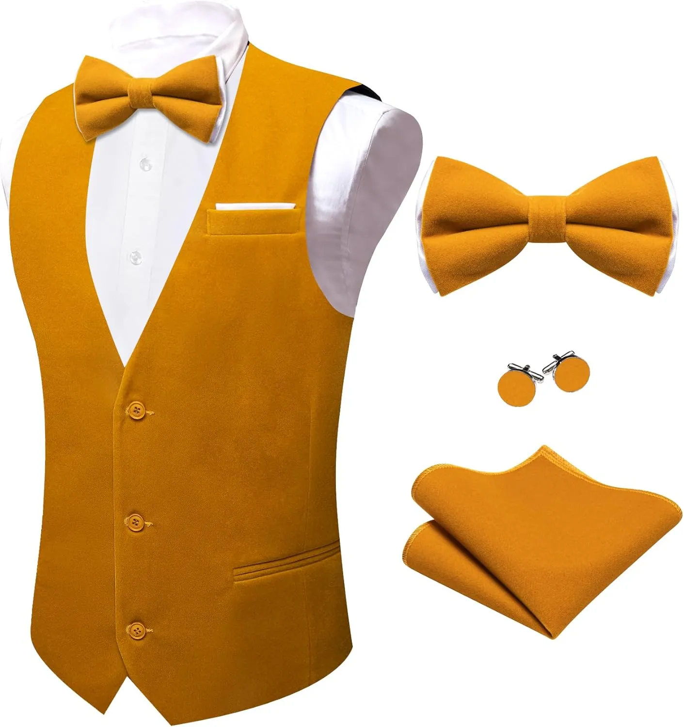 Barry.Wang Men's Velvet Vests Formal Waistcoat Bowtie Set Hanky Cufflink Armband Wedding Party Tuxedo Vest 6PCS