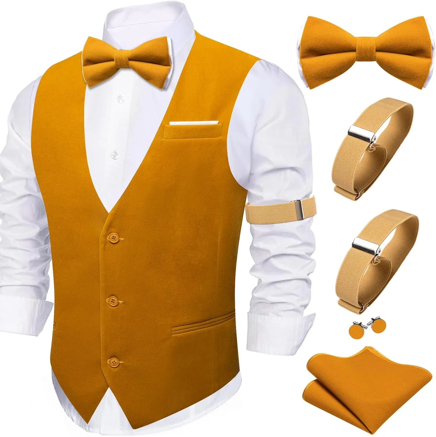 Barry.Wang Men's Velvet Vests Formal Waistcoat Bowtie Set Hanky Cufflink Armband Wedding Party Tuxedo Vest 6PCS