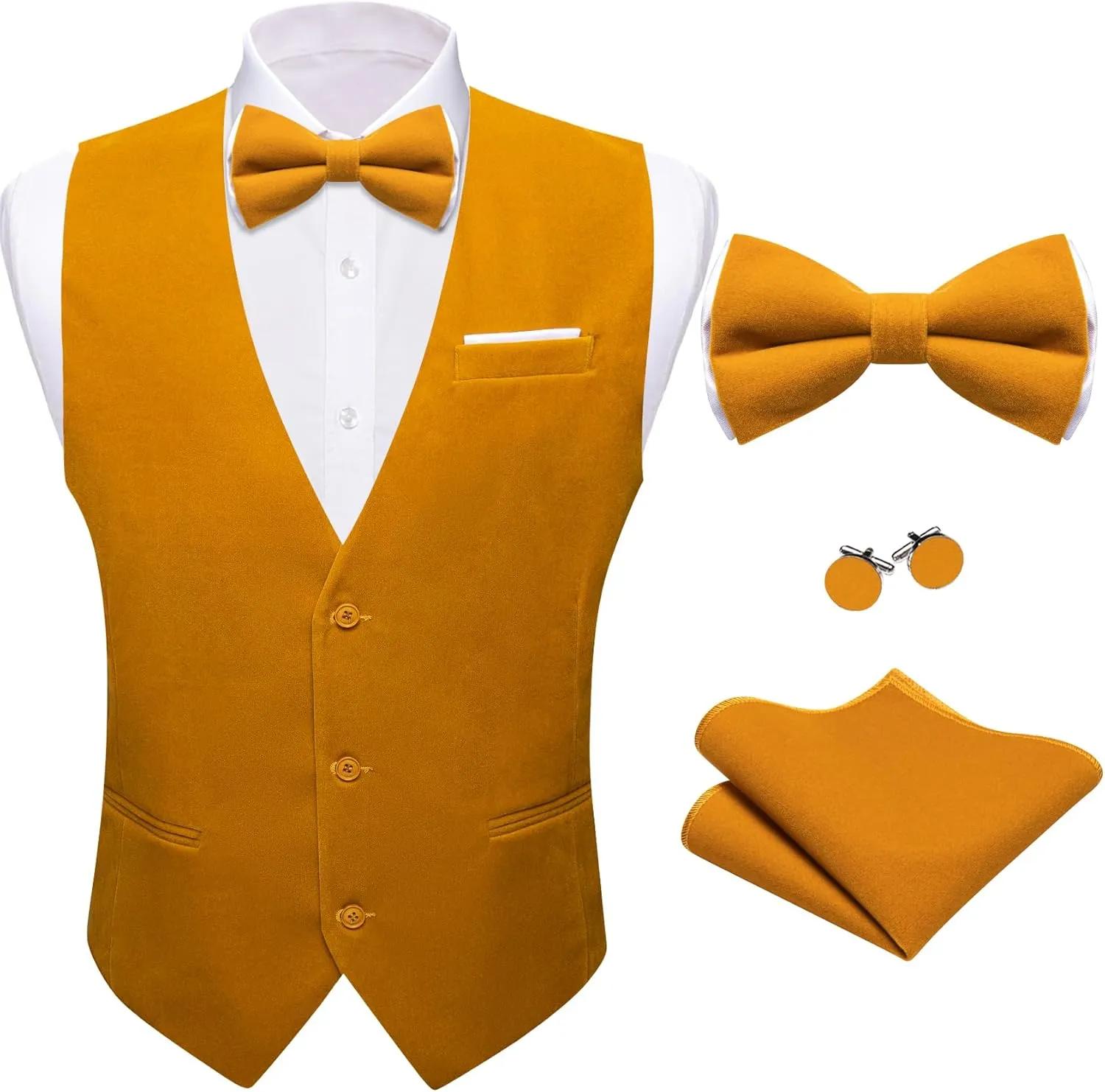 Barry.Wang Men's Velvet Vests Formal Waistcoat Bowtie Set Hanky Cufflink Armband Wedding Party Tuxedo Vest 6PCS