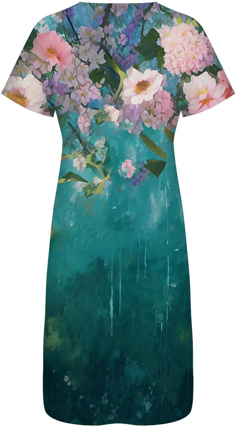 Beach Sundresses for Women 2025 Short Sleeve Summer Floral Dress Vneck Trendy Boho Maxi Dresses Flowy Beach Sundress