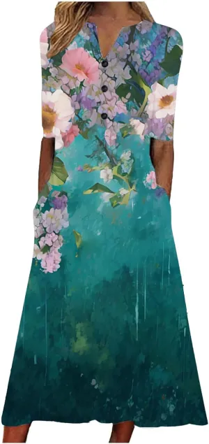 Beach Sundresses for Women 2025 Short Sleeve Summer Floral Dress Vneck Trendy Boho Maxi Dresses Flowy Beach Sundress