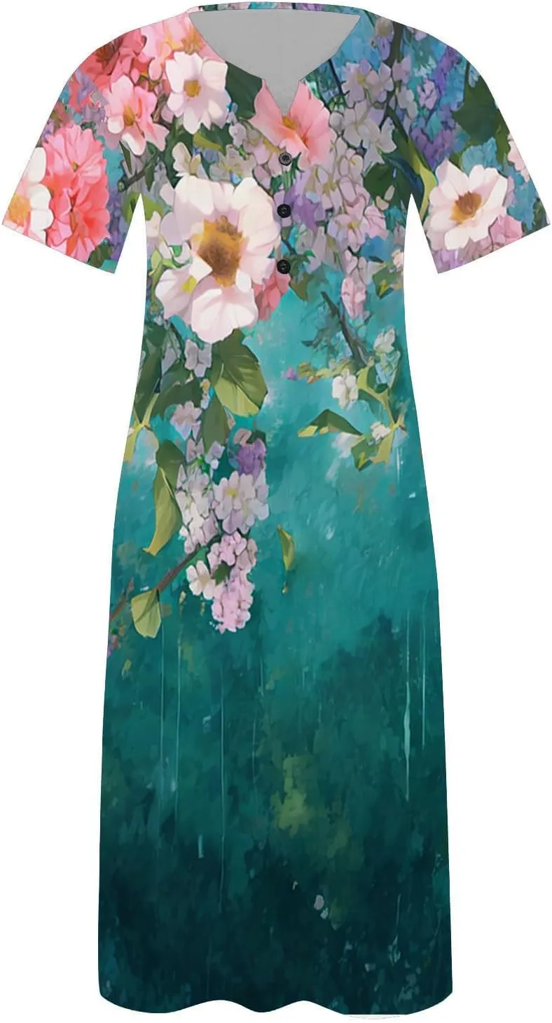 Beach Sundresses for Women 2025 Short Sleeve Summer Floral Dress Vneck Trendy Boho Maxi Dresses Flowy Beach Sundress