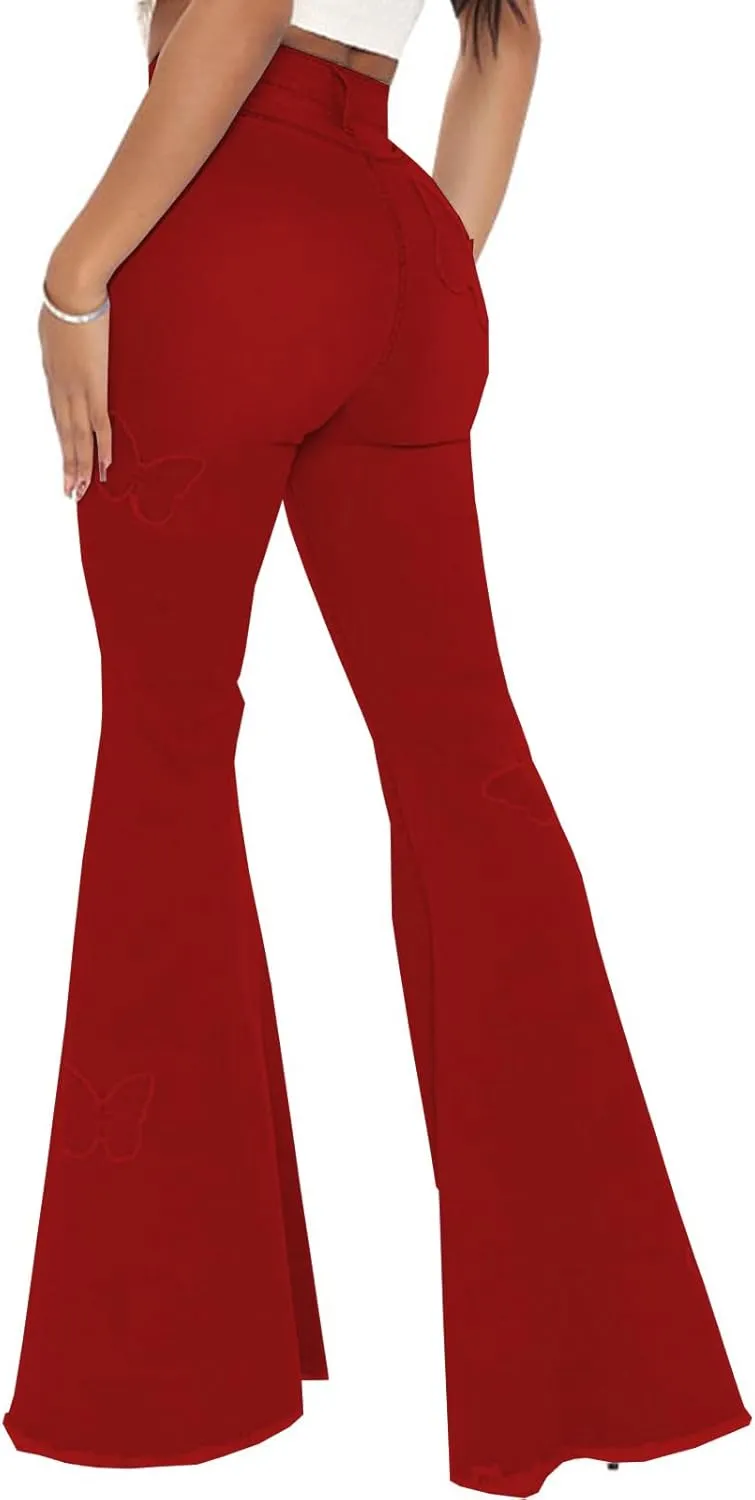 Bell Bottom Jeans for Women Butterfly Vintage High Waisted Skinny Flared Jeans Wide Leg Raw Hem Denim Pants