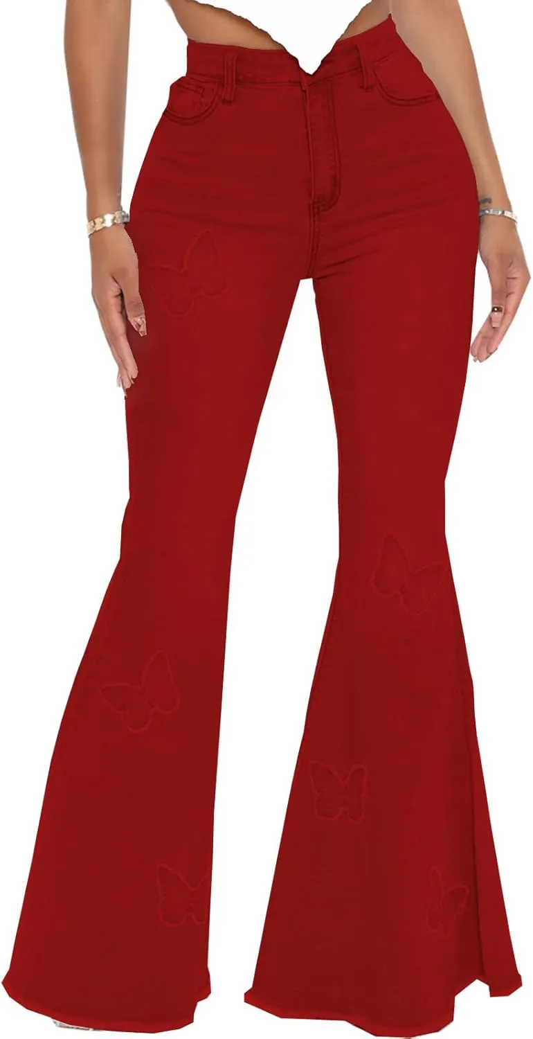 Bell Bottom Jeans for Women Butterfly Vintage High Waisted Skinny Flared Jeans Wide Leg Raw Hem Denim Pants