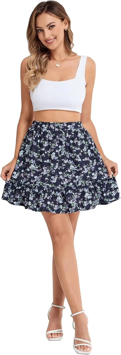 Belle Poque Womens Summer Floral Mini Skirt Casual High Waist Ruffle Flowy Boho Short Skirts