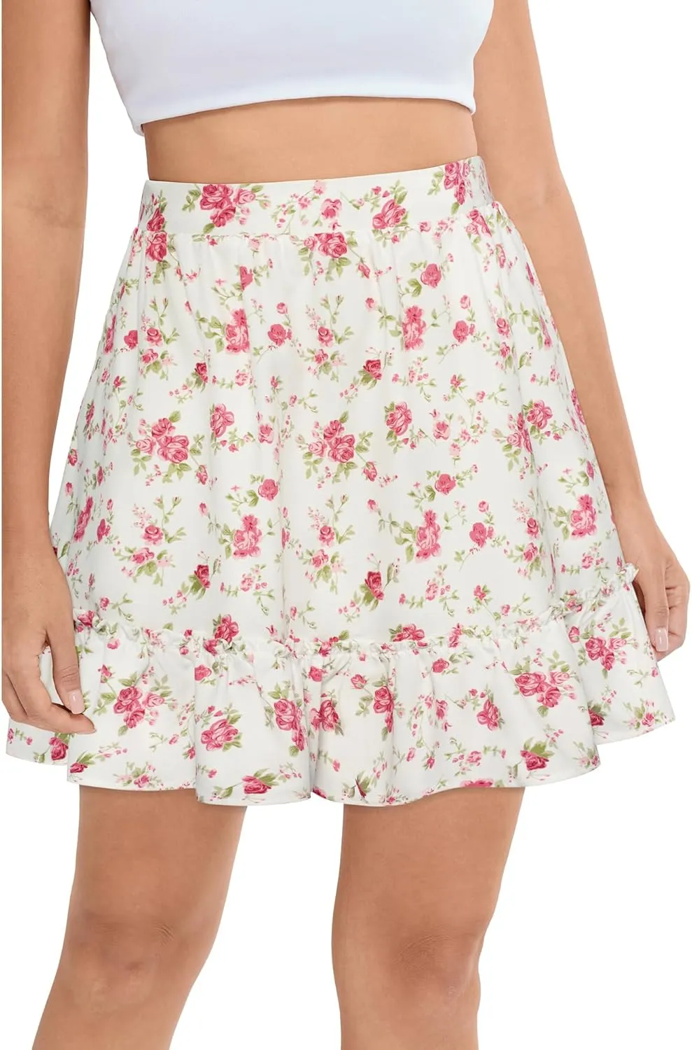 Belle Poque Womens Summer Floral Mini Skirt Casual High Waist Ruffle Flowy Boho Short Skirts