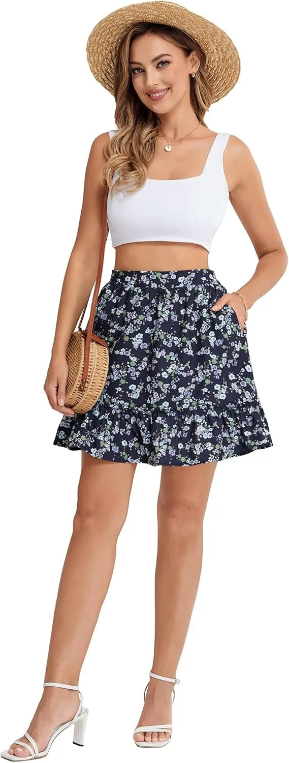 Belle Poque Womens Summer Floral Mini Skirt Casual High Waist Ruffle Flowy Boho Short Skirts