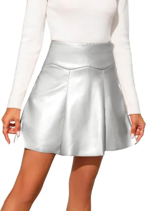 Bellivera Women Faux Leather Basic Bodycon High Waisted Short PU Stretchy Pleated Mini Skirt