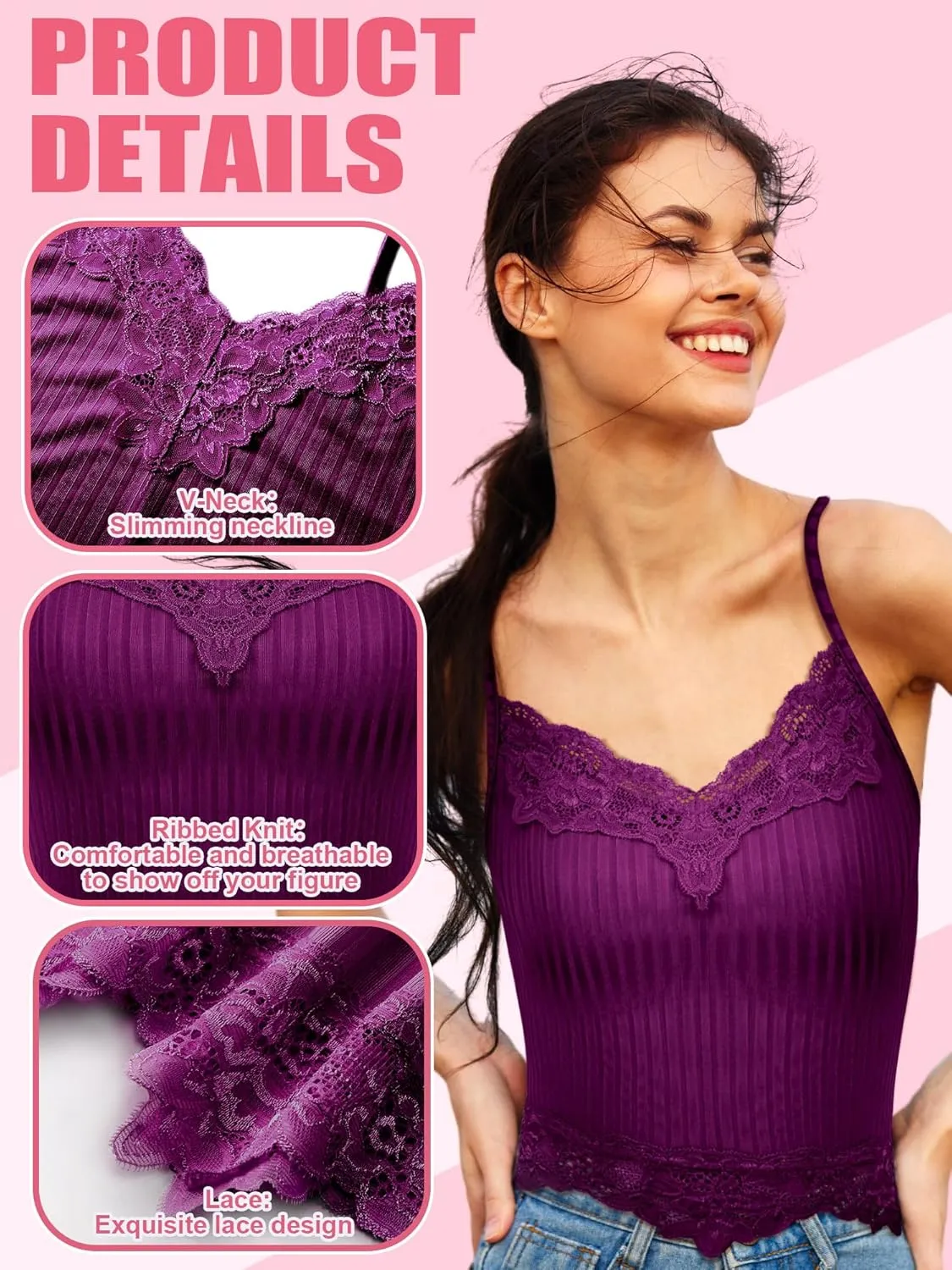 Bencailor 4 Pcs Lace Y2k Tank Tops Fairy Grunge Clothes Crop Tops Lace Patchwork Cami Ribbed Knitted Tank for Women