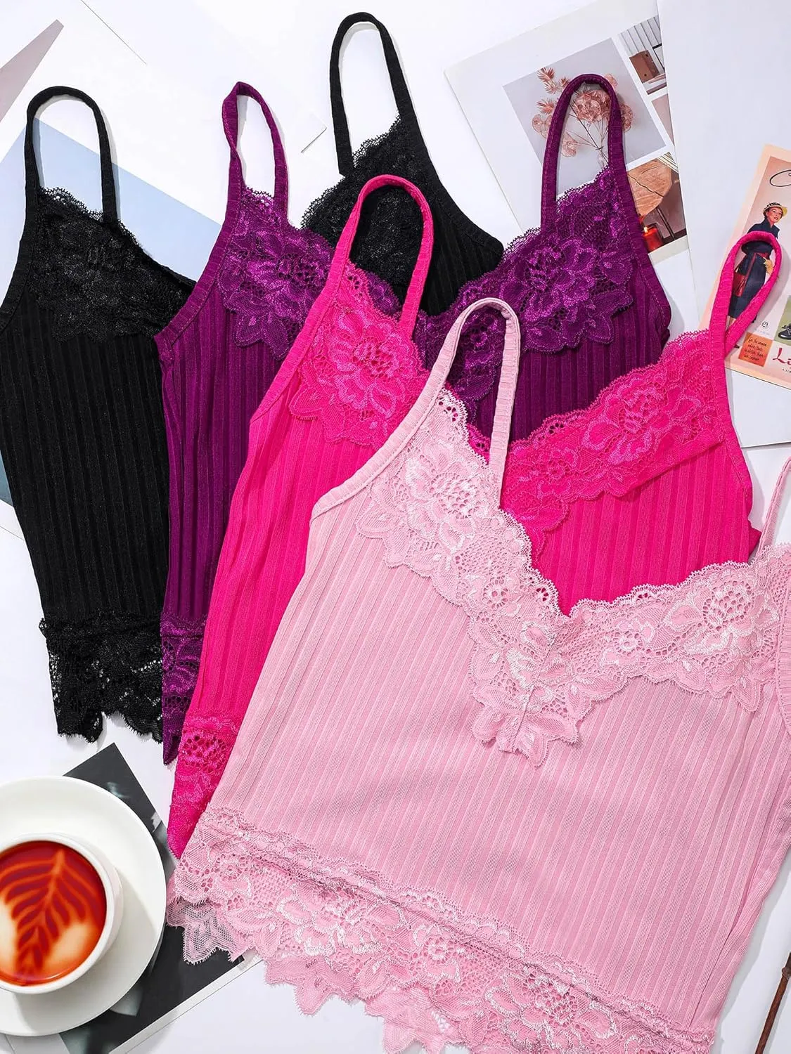 Bencailor 4 Pcs Lace Y2k Tank Tops Fairy Grunge Clothes Crop Tops Lace Patchwork Cami Ribbed Knitted Tank for Women