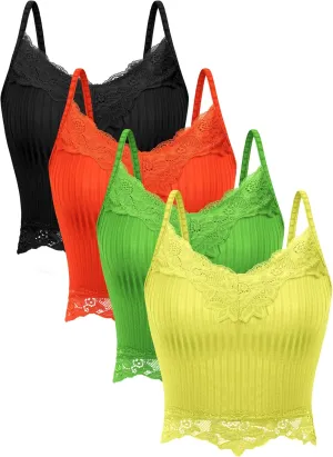 Bencailor 4 Pcs Lace Y2k Tank Tops Fairy Grunge Clothes Crop Tops Lace Patchwork Cami Ribbed Knitted Tank for Women