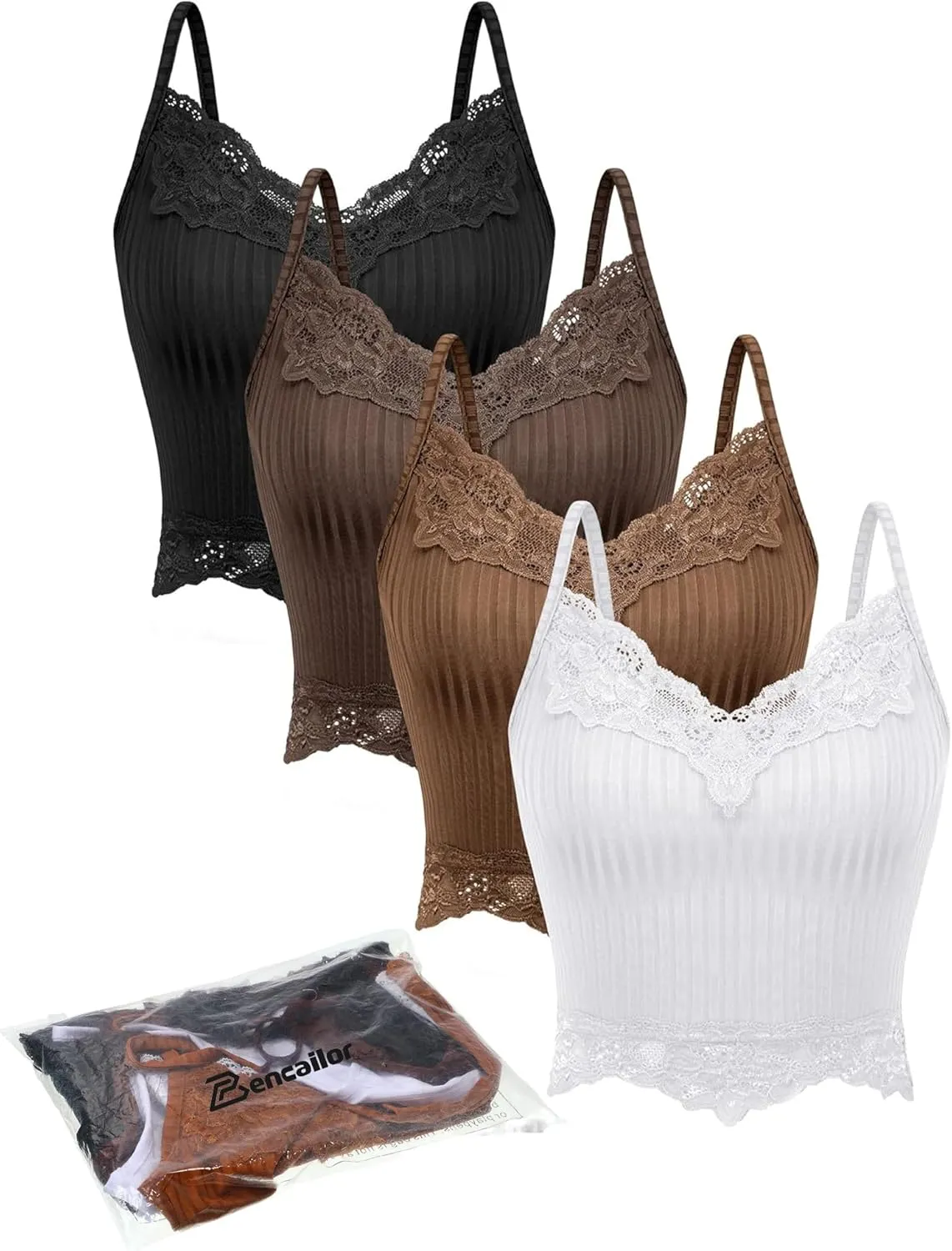 Bencailor 4 Pcs Lace Y2k Tank Tops Fairy Grunge Clothes Crop Tops Lace Patchwork Cami Ribbed Knitted Tank for Women