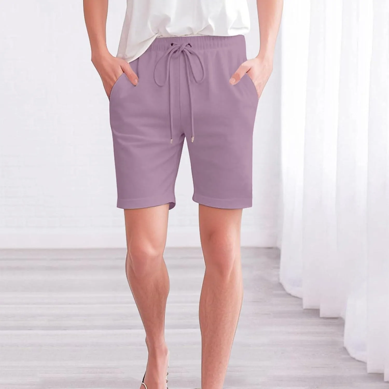 Bermuda Linen Shorts for Women with Pockets Knee Length Elastic Waist Flowy Athletic Plus Size Casual Pants