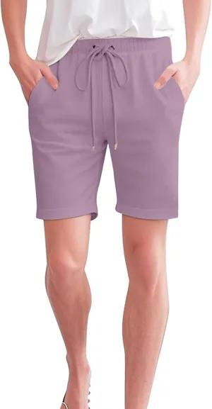 Bermuda Linen Shorts for Women with Pockets Knee Length Elastic Waist Flowy Athletic Plus Size Casual Pants