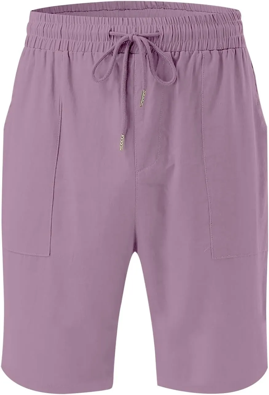 Bermuda Linen Shorts for Women with Pockets Knee Length Elastic Waist Flowy Athletic Plus Size Casual Pants