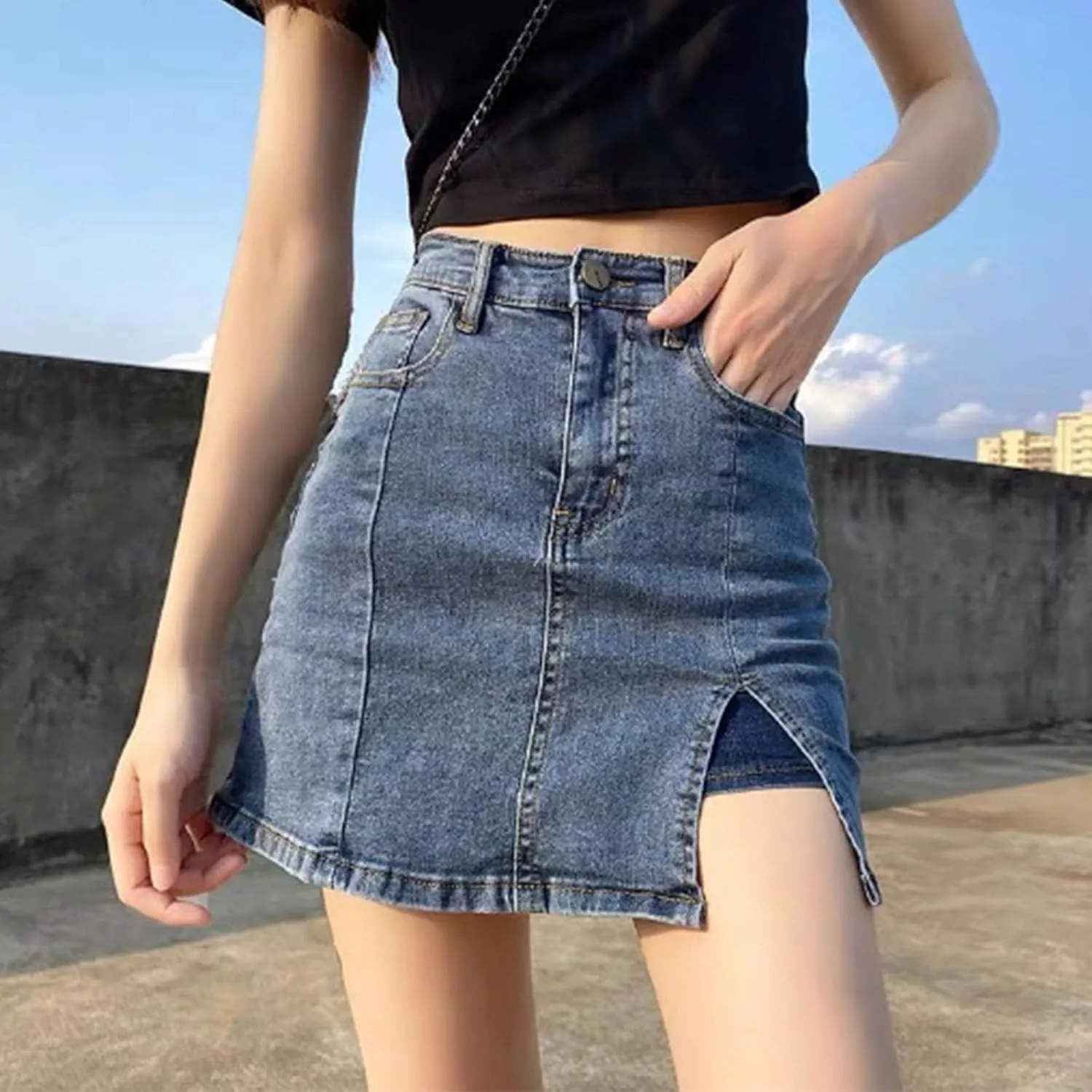Bloomy Skorts,2025 New Bloomy Jean Skorts,Woman High Waisted Casual Stretchy Denim Skirt Side Split Mini Skirts
