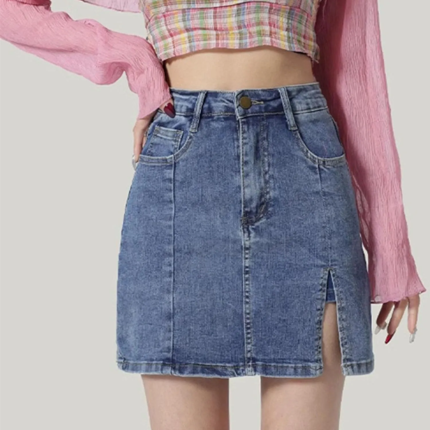 Bloomy Skorts,2025 New Bloomy Jean Skorts,Woman High Waisted Casual Stretchy Denim Skirt Side Split Mini Skirts