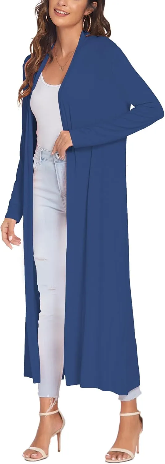 Bluetime Women Floor Length Open Front Cardigan Lightweight Long Sleeve Maxi Duster with Pockets (S-3XL)