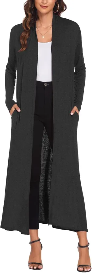Bluetime Women Floor Length Open Front Cardigan Lightweight Long Sleeve Maxi Duster with Pockets (S-3XL)