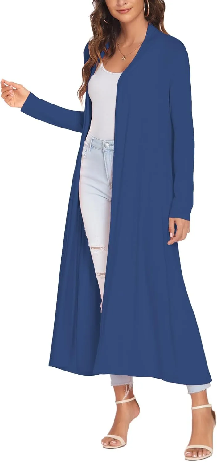 Bluetime Women Floor Length Open Front Cardigan Lightweight Long Sleeve Maxi Duster with Pockets (S-3XL)
