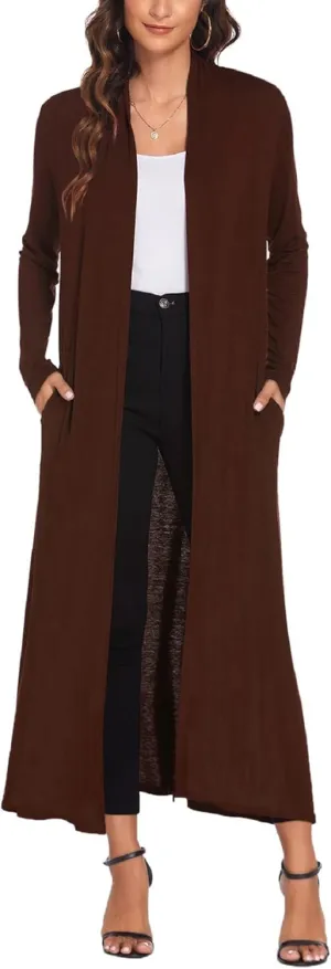Bluetime Women Floor Length Open Front Cardigan Lightweight Long Sleeve Maxi Duster with Pockets (S-3XL)