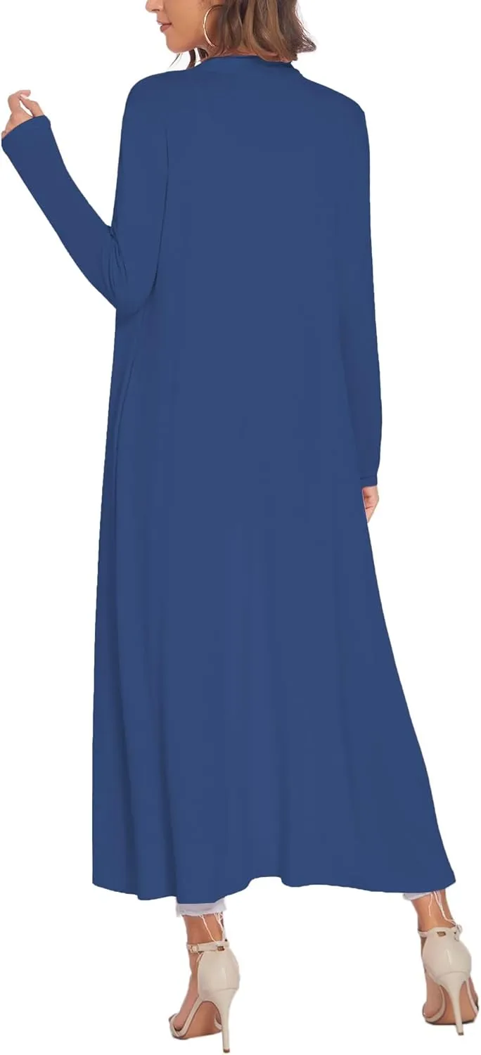 Bluetime Women Floor Length Open Front Cardigan Lightweight Long Sleeve Maxi Duster with Pockets (S-3XL)