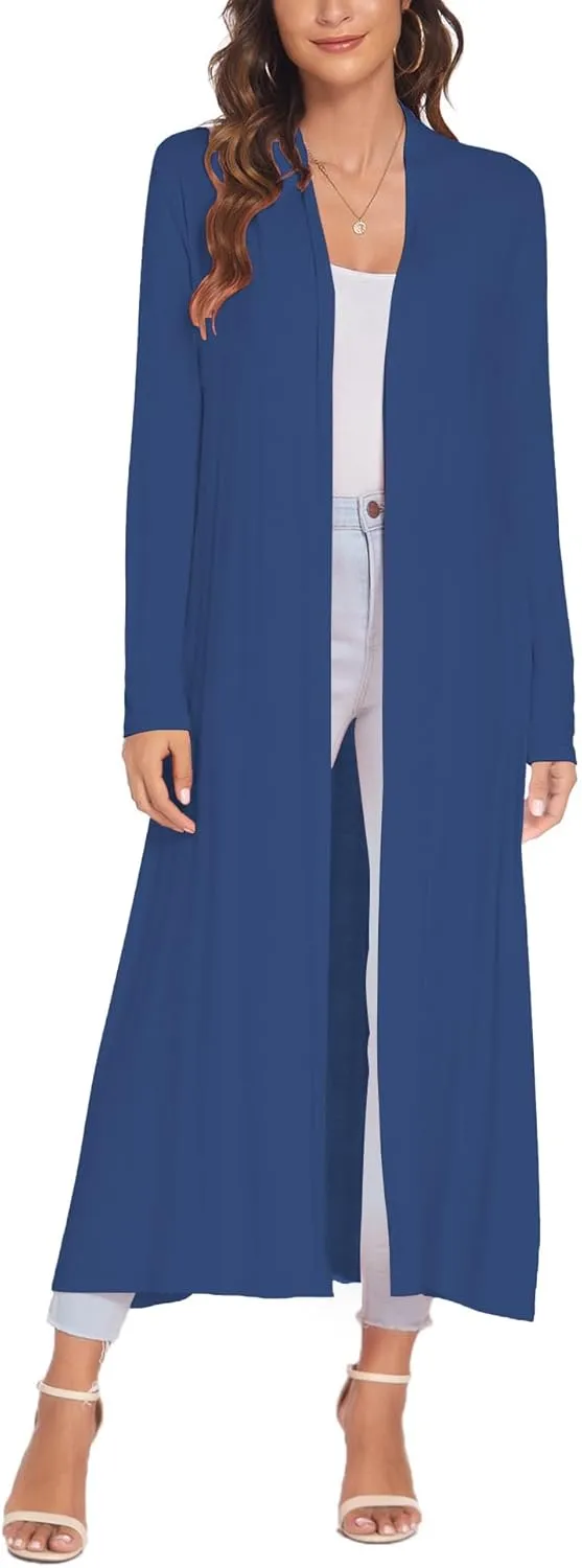 Bluetime Women Floor Length Open Front Cardigan Lightweight Long Sleeve Maxi Duster with Pockets (S-3XL)