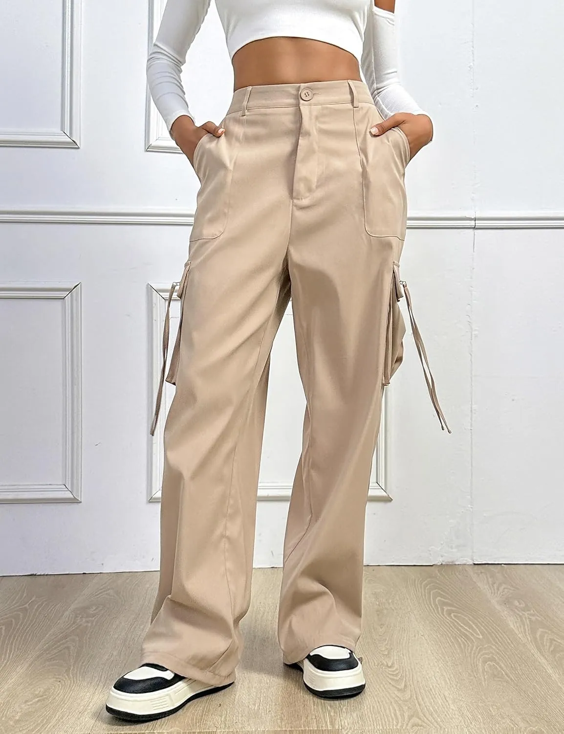BMJL Womens Cargo Pants High Waisted Parachute Pants Y2k Baggy Wide Leg Streetwear with Pockets