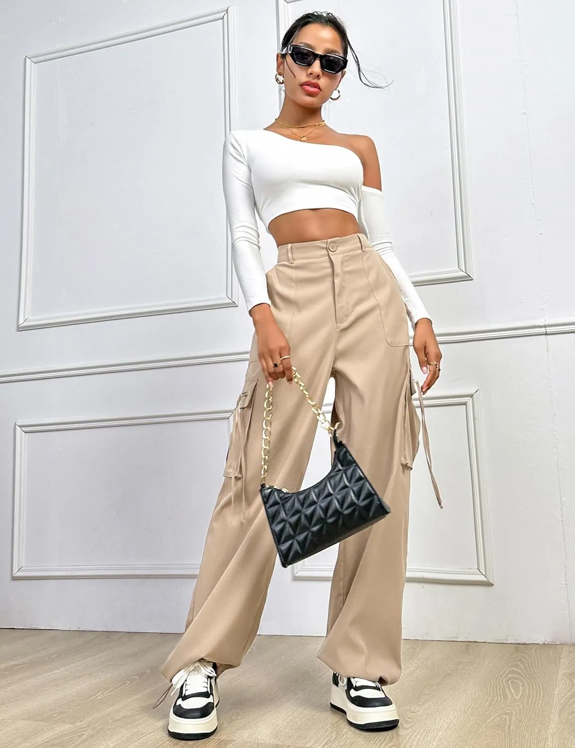 BMJL Womens Cargo Pants High Waisted Parachute Pants Y2k Baggy Wide Leg Streetwear with Pockets