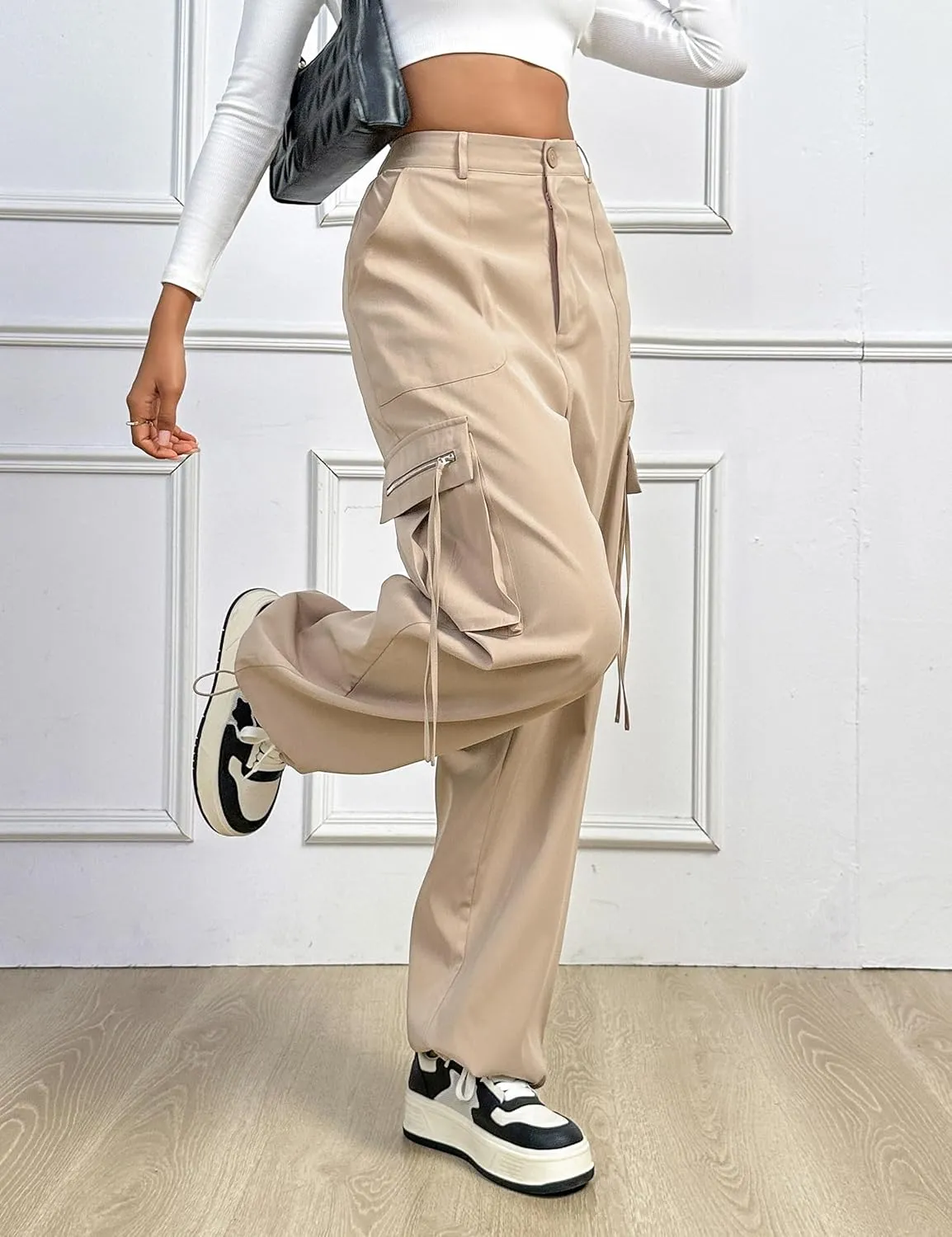 BMJL Womens Cargo Pants High Waisted Parachute Pants Y2k Baggy Wide Leg Streetwear with Pockets