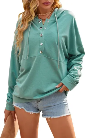 BMJL Womens Half Button Hoodies Long Sleeve Casual Drawstring Pullover Sweatshirts Solid Lightweight Tops