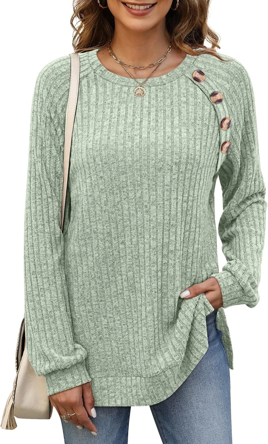 Bofell Long Sleeve Shirts for Women Lightweight Button Decor Tunic Tops Side Split