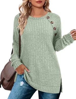 Bofell Long Sleeve Shirts for Women Lightweight Button Decor Tunic Tops Side Split