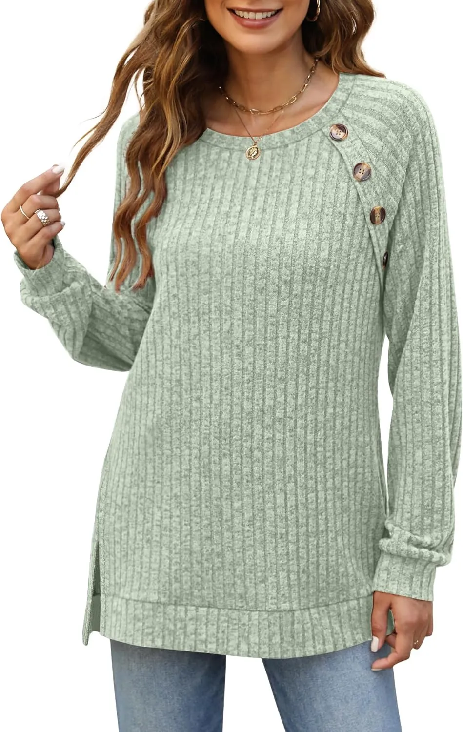 Bofell Long Sleeve Shirts for Women Lightweight Button Decor Tunic Tops Side Split