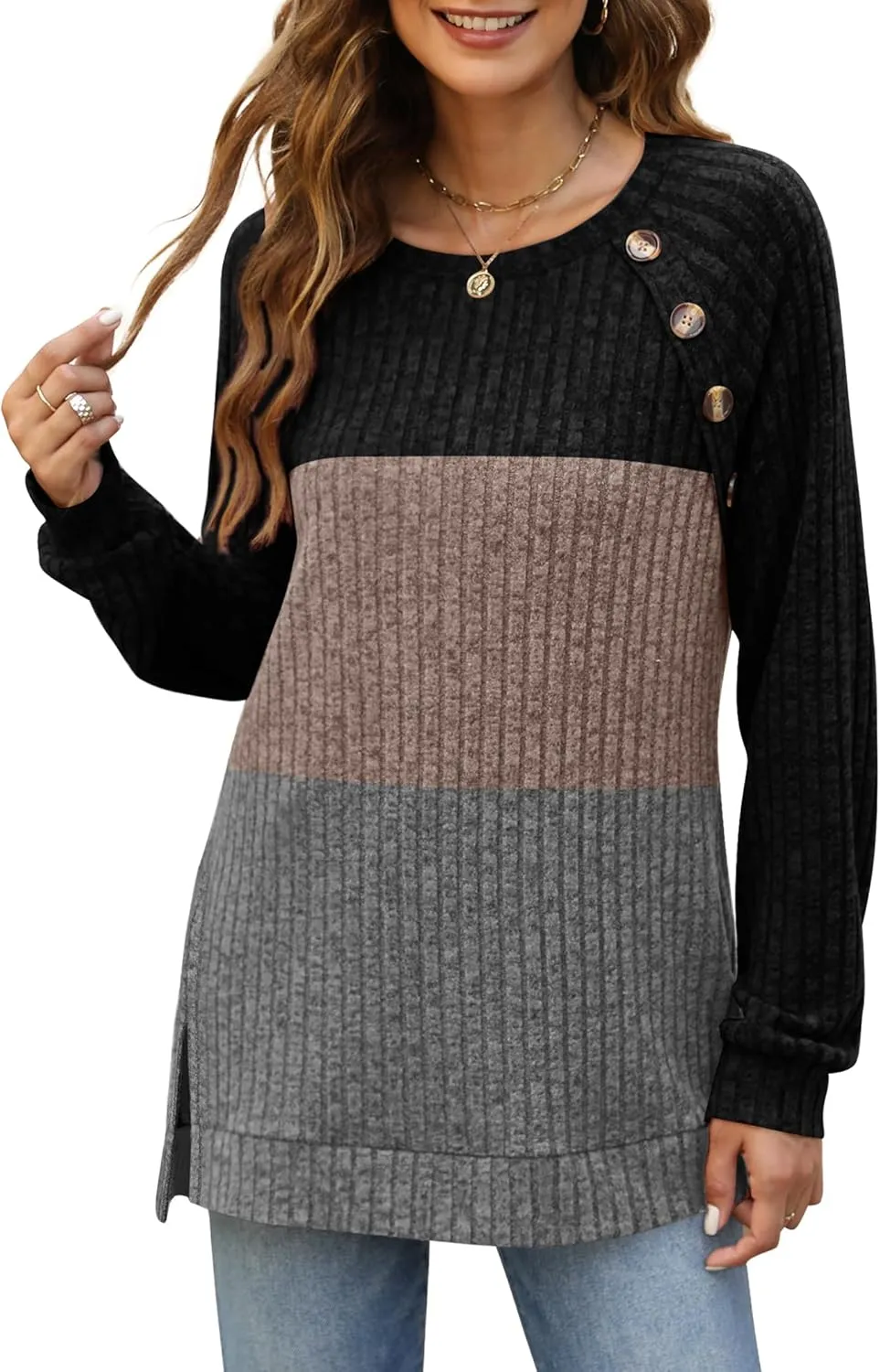 Bofell Long Sleeve Shirts for Women Lightweight Button Decor Tunic Tops Side Split