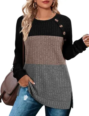 Bofell Long Sleeve Shirts for Women Lightweight Button Decor Tunic Tops Side Split