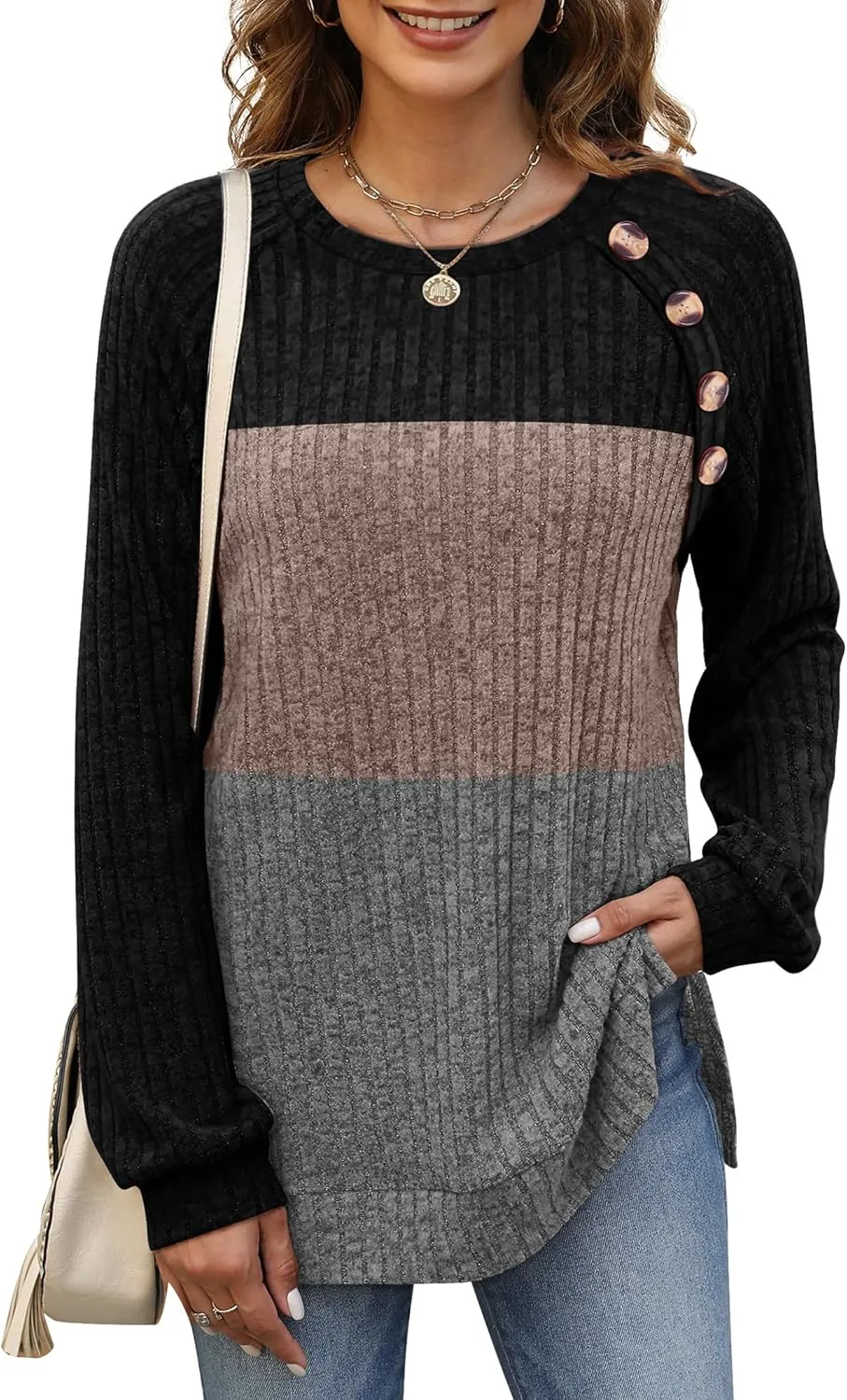 Bofell Long Sleeve Shirts for Women Lightweight Button Decor Tunic Tops Side Split